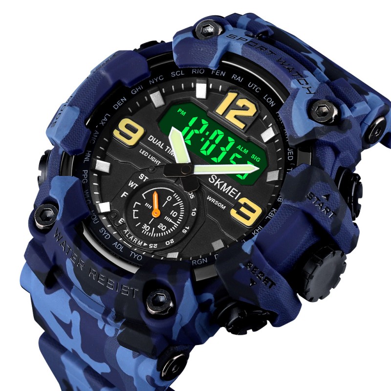 Чоловічий тактичний годинник Skmei 1637 Blue-Military з комбінованим циферблатом та камуфляжним ремінцем