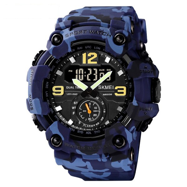 Чоловічий тактичний годинник Skmei 1637 Blue-Military з комбінованим циферблатом та камуфляжним ремінцем
