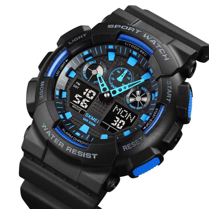 Чоловічий спортивний годинник Skmei 1832 Black-Blue з водонепроникністю 5 ATM та стрілково-електронним циферблатом