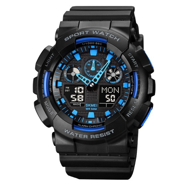 Чоловічий спортивний годинник Skmei 1832 Black-Blue з водонепроникністю 5 ATM та стрілково-електронним циферблатом