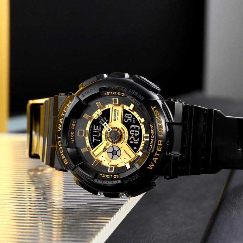 Мужские часы Skmei 1834 Black-Gold — спортивная модель со стрелочно-электронным циферблатом и подсветкой