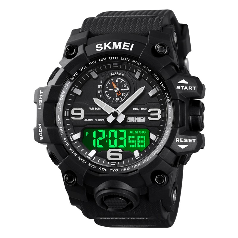 Чоловічий годинник Skmei 1586 Black тактичний спортивний з комбінованим циферблатом та 5 ATM