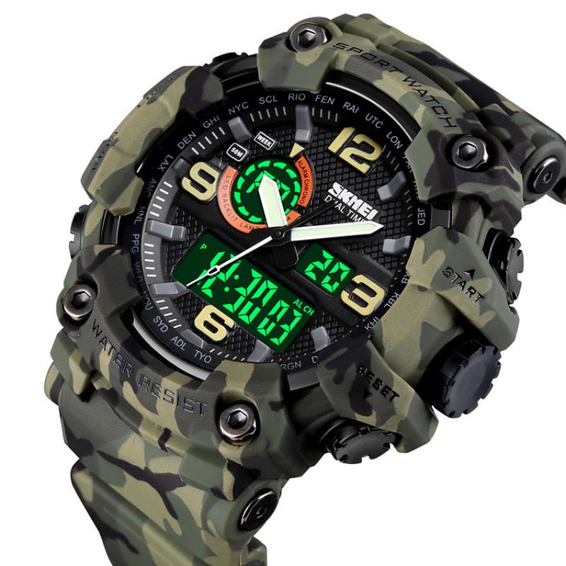 Мужские тактические часы Skmei 1520CMGN Green Camo с комбинированным циферблатом и подсветкой