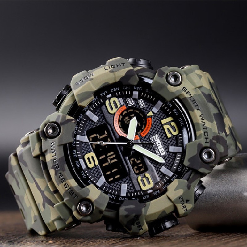 Мужские тактические часы Skmei 1520CMGN Green Camo с комбинированным циферблатом и подсветкой