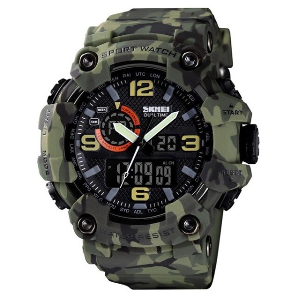 Мужские тактические часы Skmei 1520CMGN Green Camo с комбинированным циферблатом и подсветкой