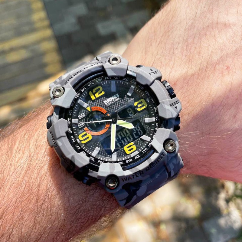 Чоловічий тактичний годинник Skmei 1520CMGY Gray Camo з подвійним циферблатом та підсвічуванням