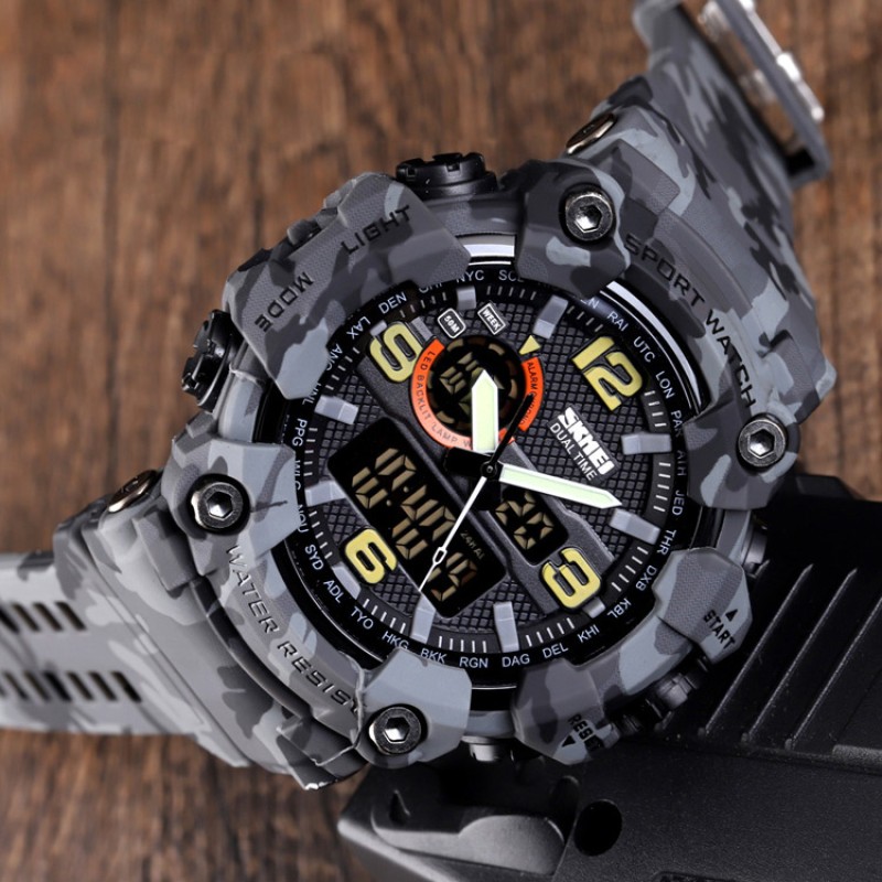 Чоловічий тактичний годинник Skmei 1520CMGY Gray Camo з подвійним циферблатом та підсвічуванням
