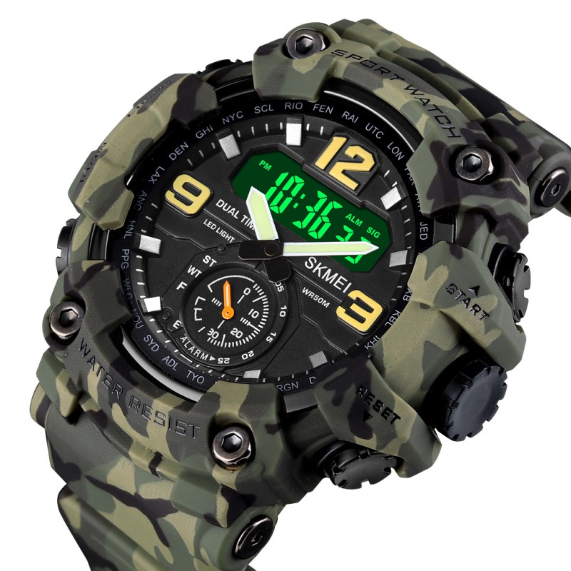 Мужские тактические часы Skmei 1637CMGN Camo Green с комбинированным циферблатом и подсветкой