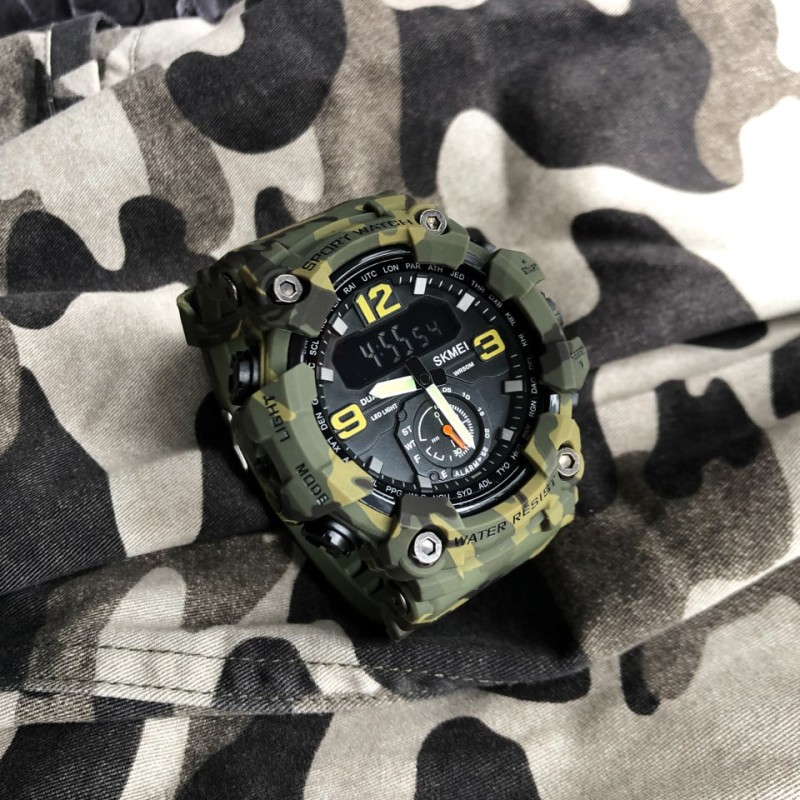 Мужские тактические часы Skmei 1637CMGN Camo Green с комбинированным циферблатом и подсветкой