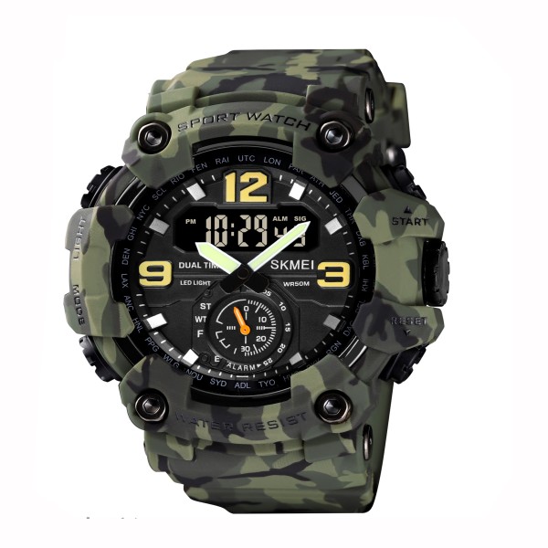 Мужские тактические часы Skmei 1637CMGN Camo Green с комбинированным циферблатом и подсветкой
