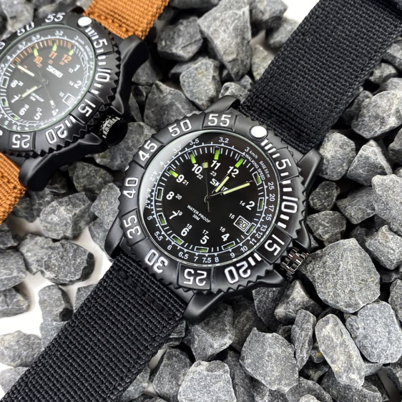 Чоловічий тактичний годинник Skmei 9281BK Black з нейлоновим ремінцем та мінеральним склом