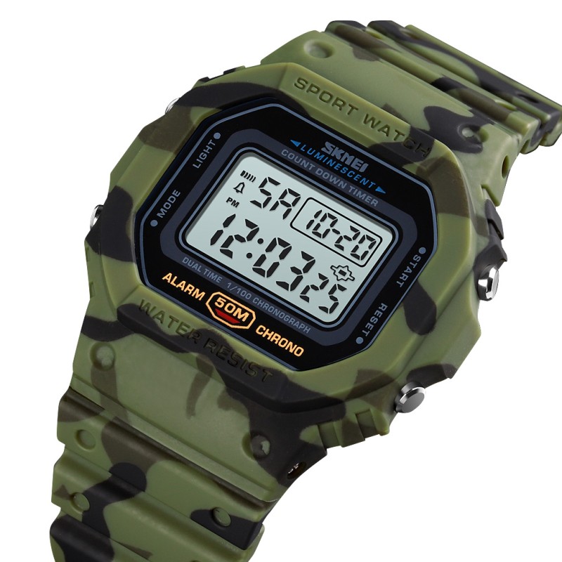 Мужские тактические часы Skmei 1628CMGN Camo Green с электронным циферблатом и подсветкой