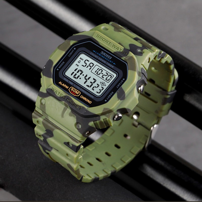 Мужские тактические часы Skmei 1628CMGN Camo Green с электронным циферблатом и подсветкой