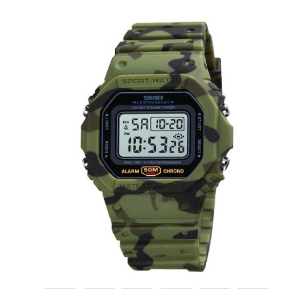 Мужские тактические часы Skmei 1628CMGN Camo Green с электронным циферблатом и подсветкой