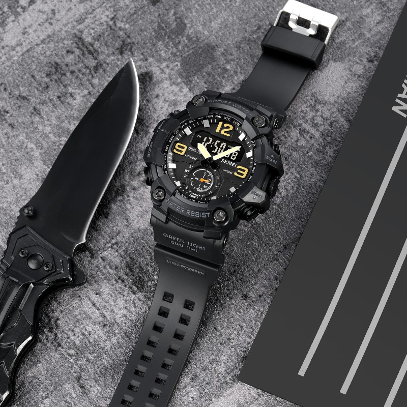 Мужские тактические часы Skmei 1965BK black с комбинированным циферблатом и подсветкой