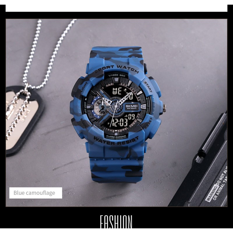 Чоловічий тактичний годинник Skmei 1688CMBU Camo Blue зі стрілково-електронним циферблатом