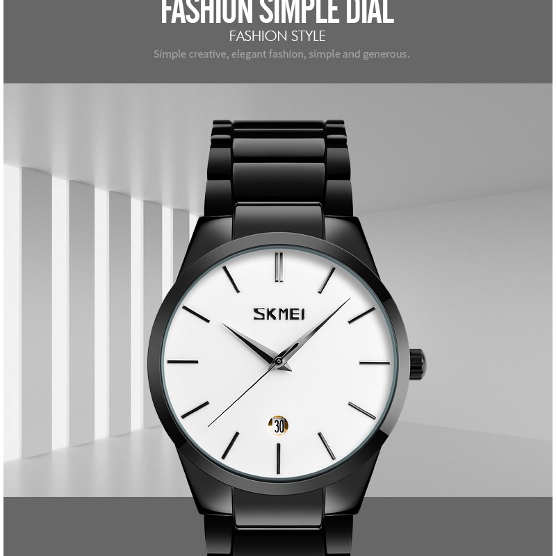 Чоловічий класичний годинник Skmei 9140BKWT Black-White з металевим браслетом та мінеральним склом