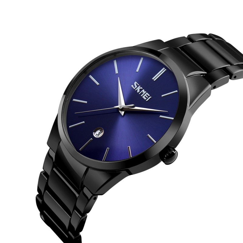 Чоловічий класичний годинник Skmei 9140BKBU Black-Blue з металевим браслетом та синім циферблатом