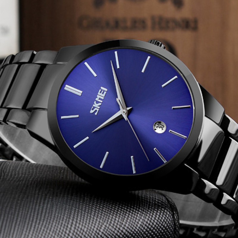 Чоловічий класичний годинник Skmei 9140BKBU Black-Blue з металевим браслетом та синім циферблатом