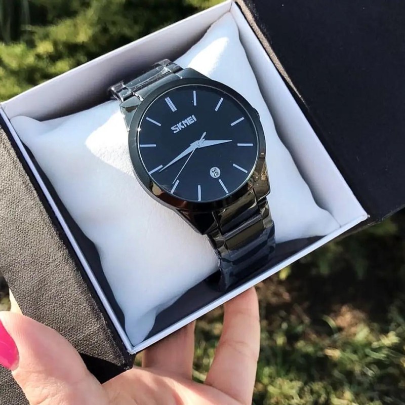 Мужские часы Skmei 9140BK All Black классические с металлическим браслетом и датой