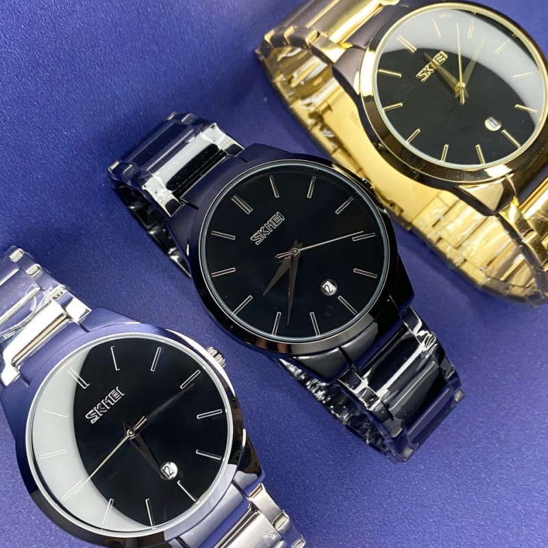 Мужские часы Skmei 9140BK All Black классические с металлическим браслетом и датой