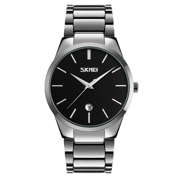 Чоловічий класичний годинник Skmei 9140SIBK Silver-Black зі сріблястим браслетом та чорним циферблатом