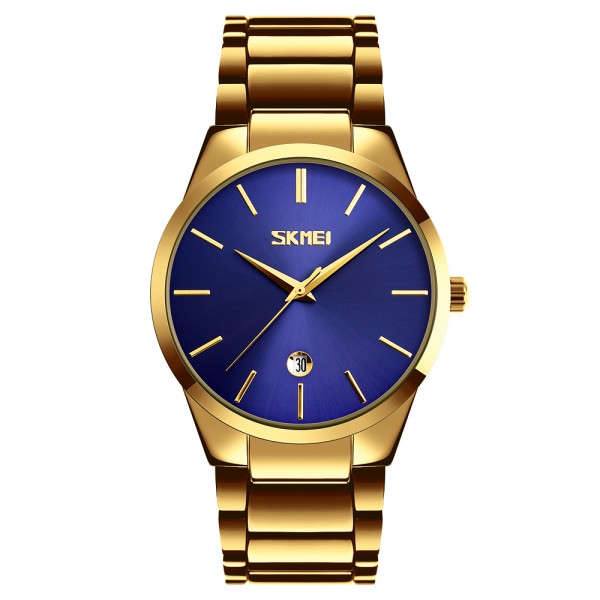 Чоловічий класичний годинник Skmei 9140GDBU Gold-Blue з металевим браслетом та синім циферблатом