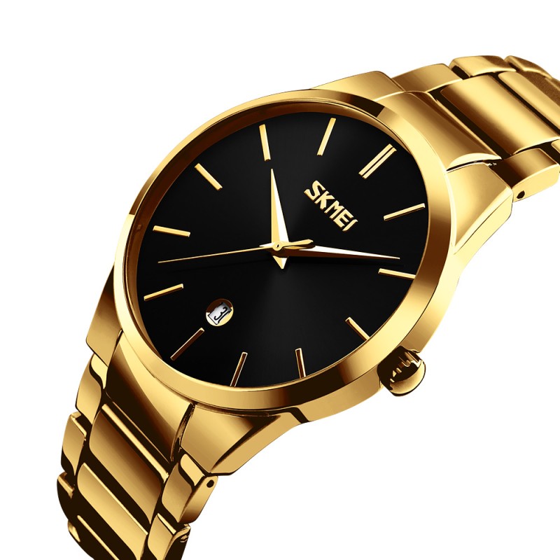 Чоловічий класичний годинник Skmei 9140GDBK Gold-Black з металевим браслетом та календарем