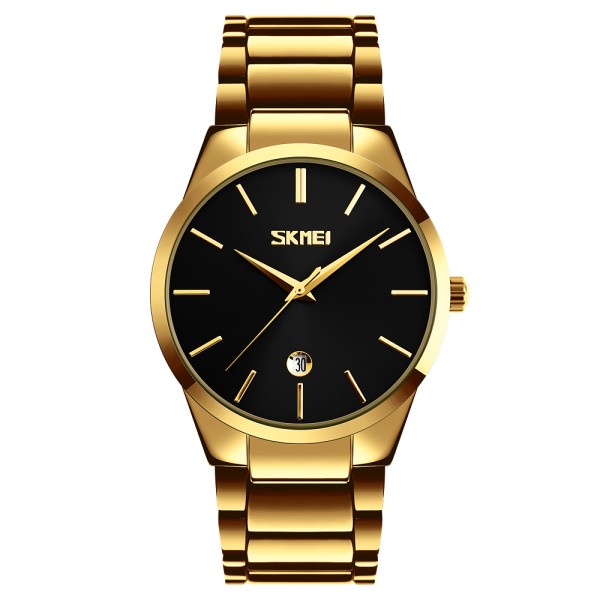 Чоловічий класичний годинник Skmei 9140GDBK Gold-Black з металевим браслетом та календарем