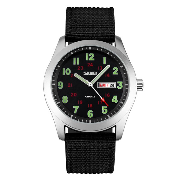 Чоловічий годинник Skmei 9112BK Silver-Black з нейлоновим ремінцем та календарем