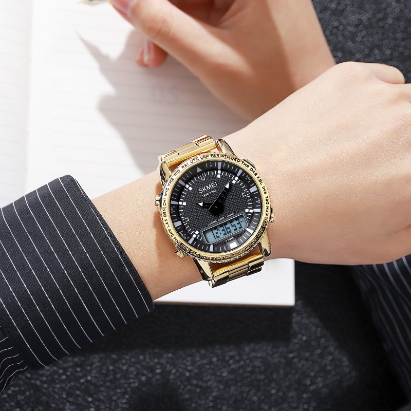 Чоловічий годинник Skmei 1898GDWT Gold-White з комбінованим циферблатом та золотистим браслетом