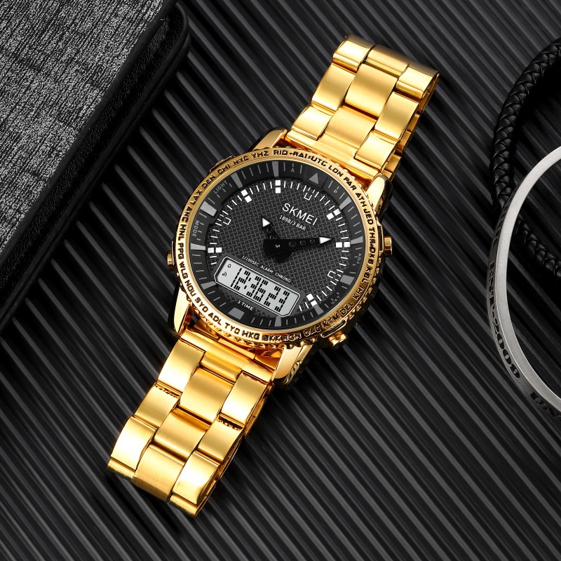 Чоловічий годинник Skmei 1898GDWT Gold-White з комбінованим циферблатом та золотистим браслетом