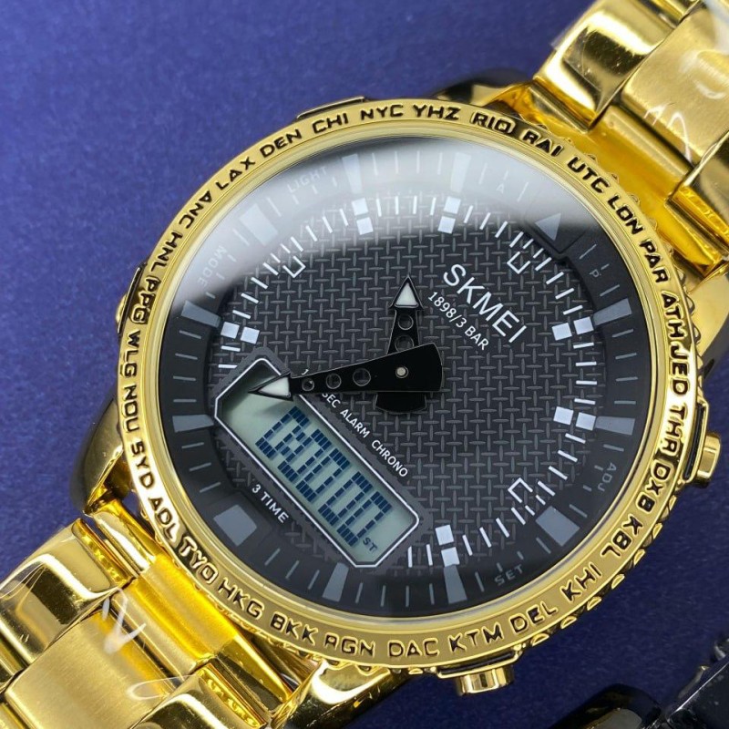 Чоловічий годинник Skmei 1898GDWT Gold-White з комбінованим циферблатом та золотистим браслетом