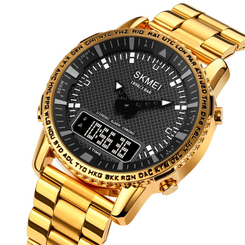 Мужские часы Skmei 1898GDBK Gold-Black с комбинированным циферблатом и металлическим браслетом