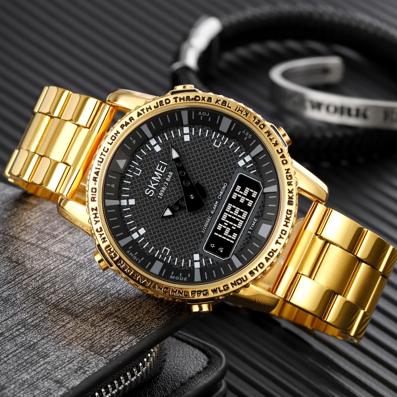 Мужские часы Skmei 1898GDBK Gold-Black с комбинированным циферблатом и металлическим браслетом