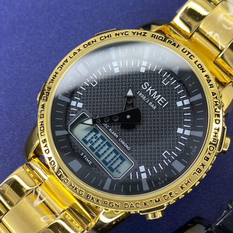 Мужские часы Skmei 1898GDBK Gold-Black с комбинированным циферблатом и металлическим браслетом