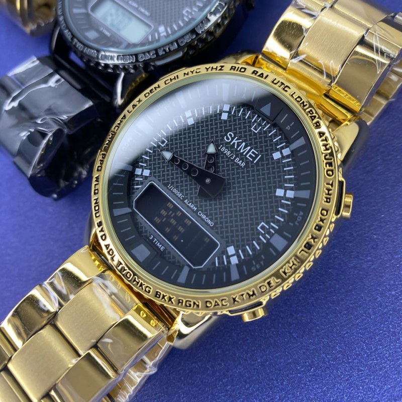 Мужские часы Skmei 1898GDBK Gold-Black с комбинированным циферблатом и металлическим браслетом