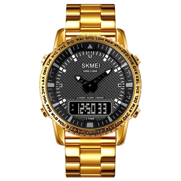 Мужские часы Skmei 1898GDBK Gold-Black с комбинированным циферблатом и металлическим браслетом
