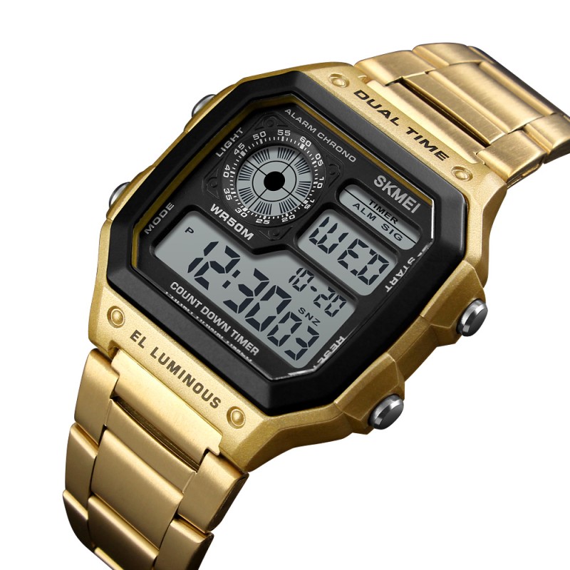 Чоловічий електронний годинник Skmei 1335GD Gold у золотистому корпусі з таймером та будильником
