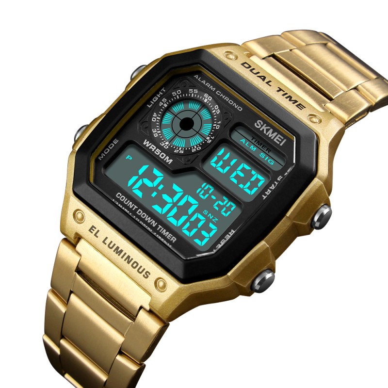 Чоловічий електронний годинник Skmei 1335GD Gold у золотистому корпусі з таймером та будильником