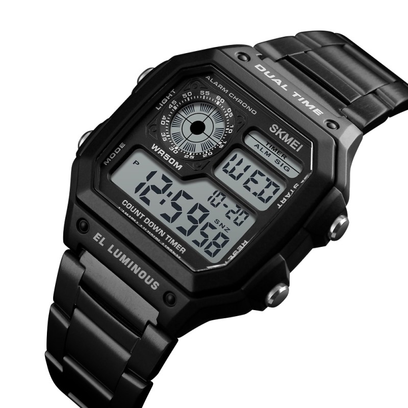 Чоловічий наручний годинник Skmei 1335BK Black з електронним циферблатом та металевим браслетом