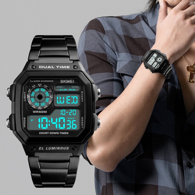Чоловічий наручний годинник Skmei 1335BK Black з електронним циферблатом та металевим браслетом