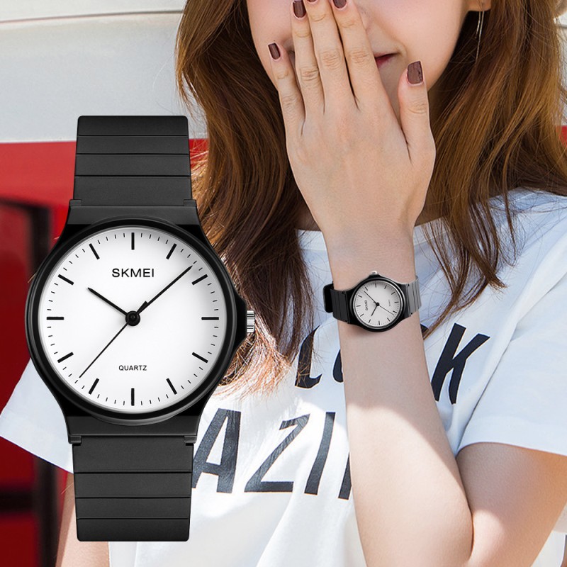 Женские часы Skmei 1419BKWT Black White с белым циферблатом и черным ремешком