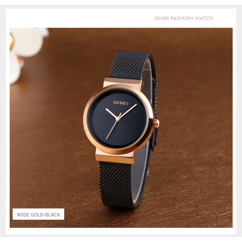 Жіночий класичний годинник Skmei 1595RGBK Rose Gold-Black з мінеральним склом та металевим браслетом