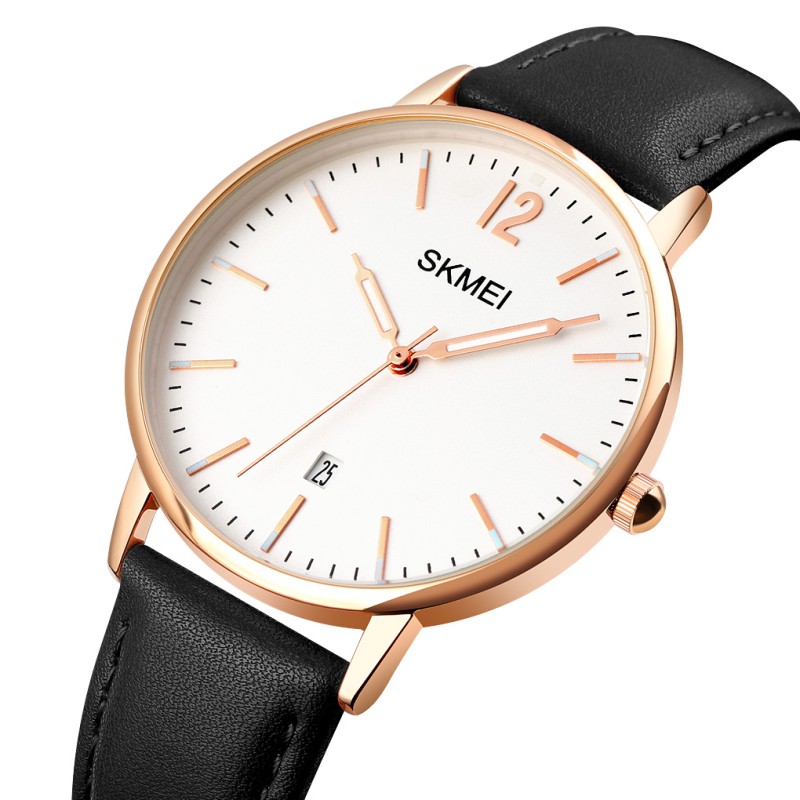 Жіночий годинник Skmei 1724RGBK Rose Gold-Black з білим циферблатом та шкіряним ремінцем