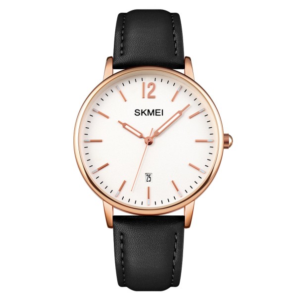 Жіночий годинник Skmei 1724RGBK Rose Gold-Black з білим циферблатом та шкіряним ремінцем