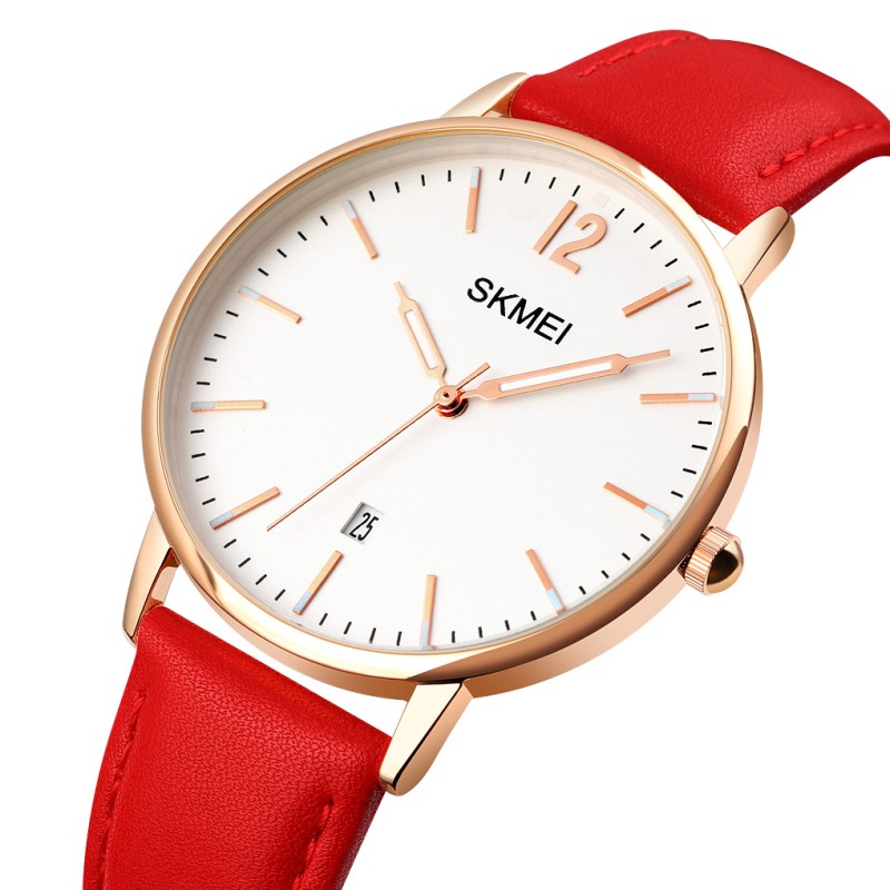 Жіночий годинник Skmei 1724RGRD Rose Gold-Red з червоним шкіряним ремінцем та календарем