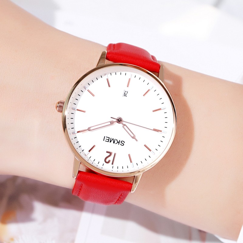 Жіночий годинник Skmei 1724RGRD Rose Gold-Red з червоним шкіряним ремінцем та календарем