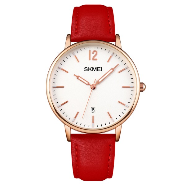 Жіночий годинник Skmei 1724RGRD Rose Gold-Red з червоним шкіряним ремінцем та календарем