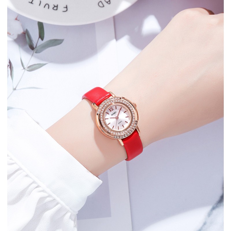 Жіночий класичний годинник Skmei 1855RGRD Rose Gold-Red з червоним шкіряним ремінцем
